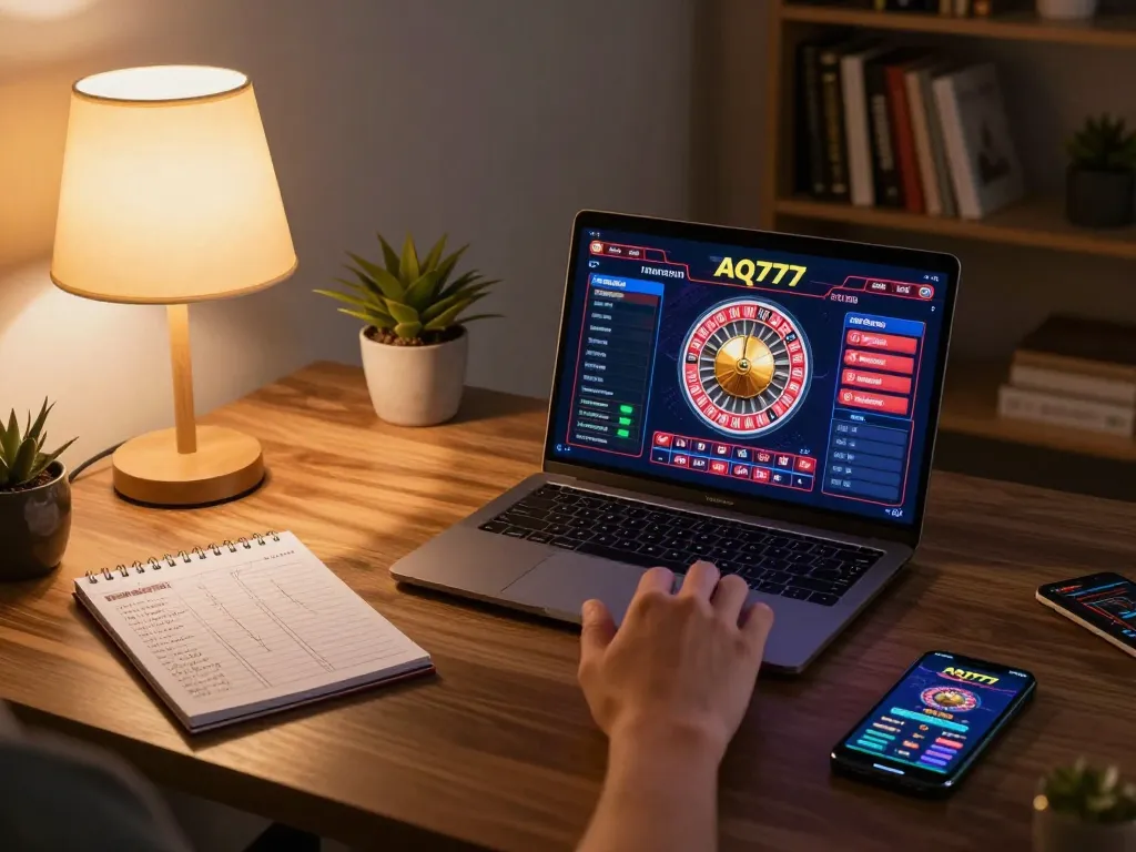 Uma pessoa participa de jogos online na plataforma AQ777 a partir de um escritório aconchegante e bem iluminado, aprimorando sua experiência de jogo.
