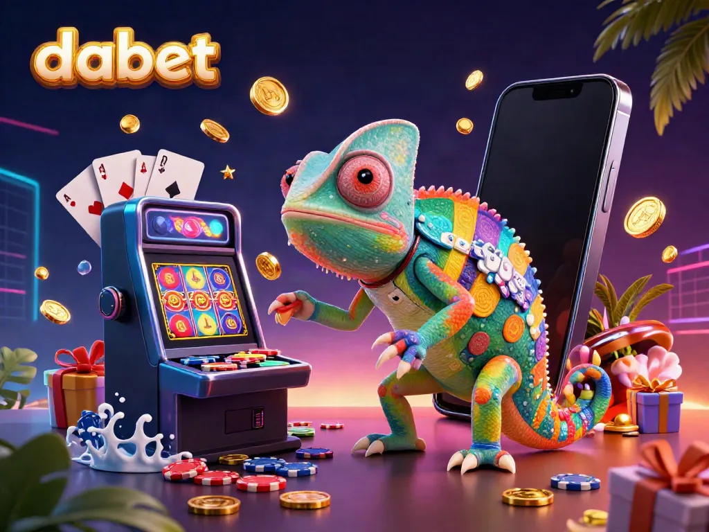 Dabet's vibrant casino scene showcases a colorful chameleon character and engaging slot game dynamics.