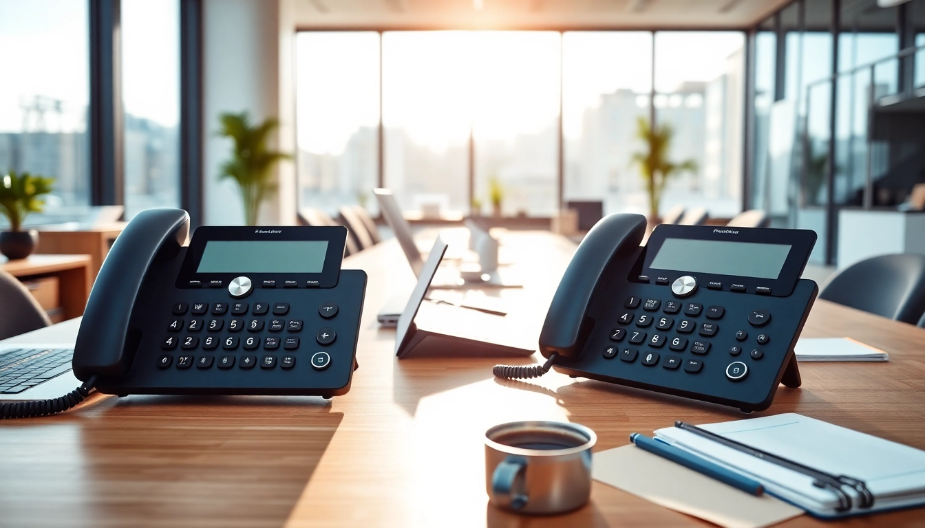 Showcasing office phone systems set in a modern workspace for enhanced communication.