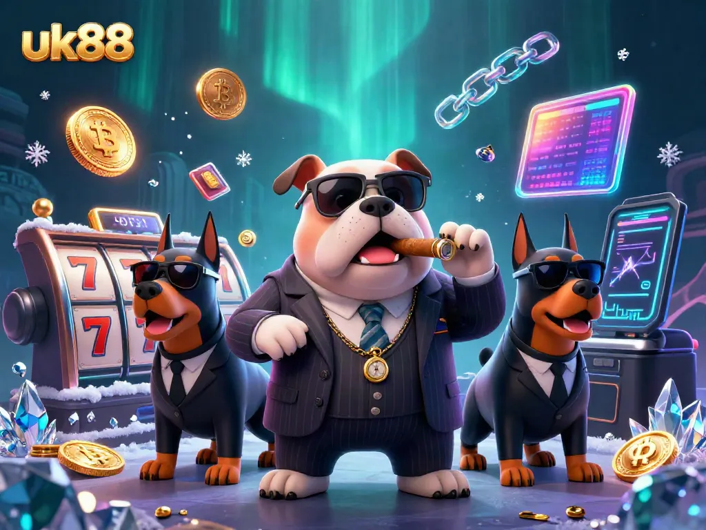 Experience uk88 thrills with a dynamic scene of a mafia bulldog and Doberman bodyguards surrounded by vibrant casino elements.