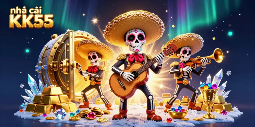 Engage with nhà cái KK55 through an exciting 3D illustration featuring a vibrant mariachi band amidst treasure and shimmering gems.