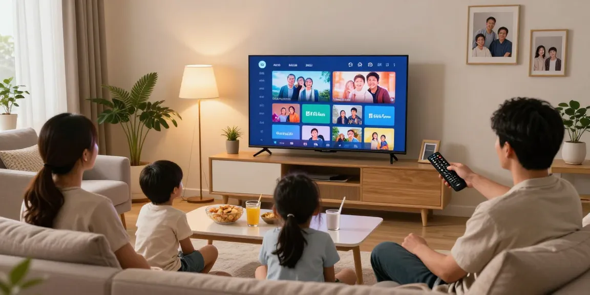 Família desfrutando de IPTV em casa, assistindo a um filme juntos em ambiente aconchegante.