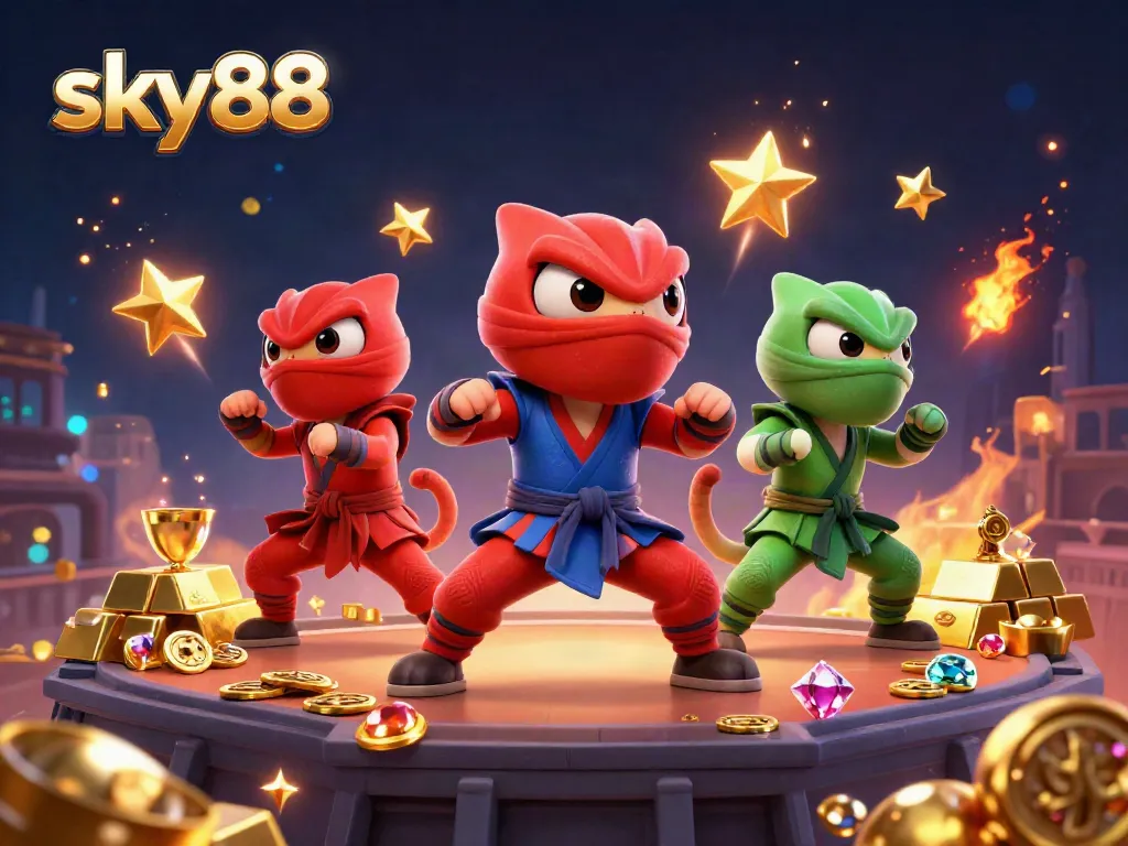 Join the ninja chameleons in combat at sky88, surrounded by treasures in this immersive casino scene.