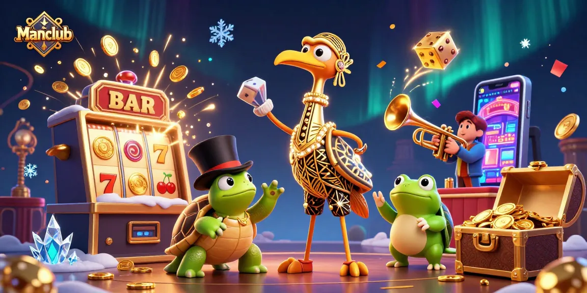 Experience the excitement of Manclub with animated gaming heroes and dynamic casino elements.