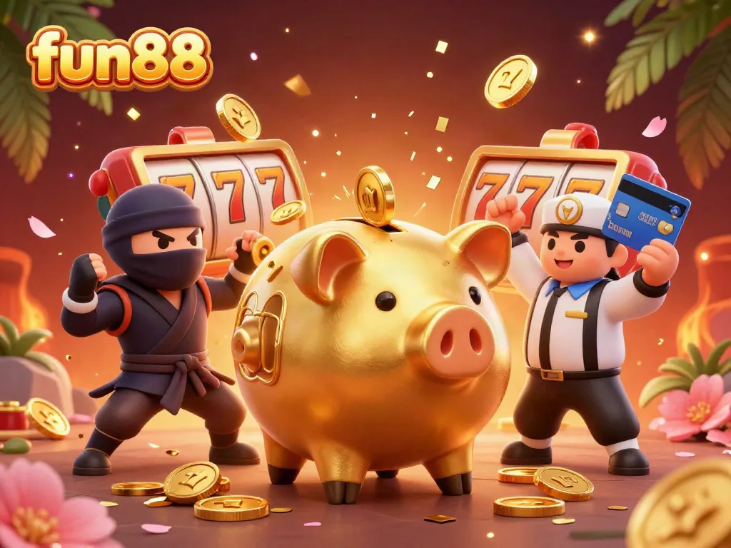 Experience fun88's thrilling casino atmosphere with a vibrant sumo wrestler, ninja, and referee!