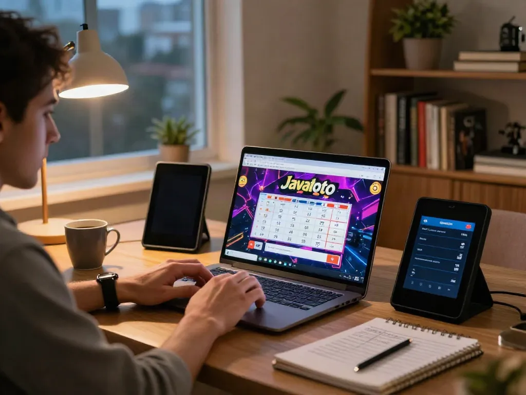 Javatoto em um ambiente acolhedor, jogador focado no laptop com gráficos vibrantes.