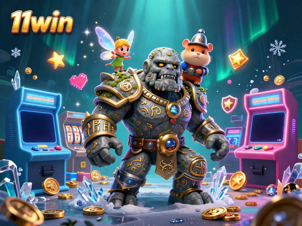 Immerse in the excitement of 11win with an animated scene of a magical golem, fairy, and hamster knight in a vibrant casino.