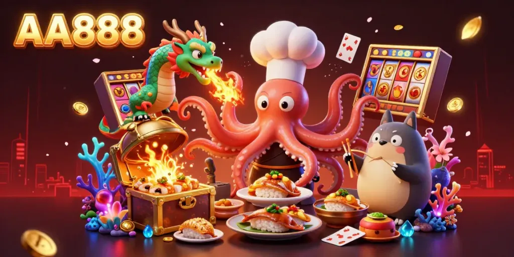 Experience the excitement of AA888 casino with vibrant characters and gold treasures in a dynamic gaming scene.