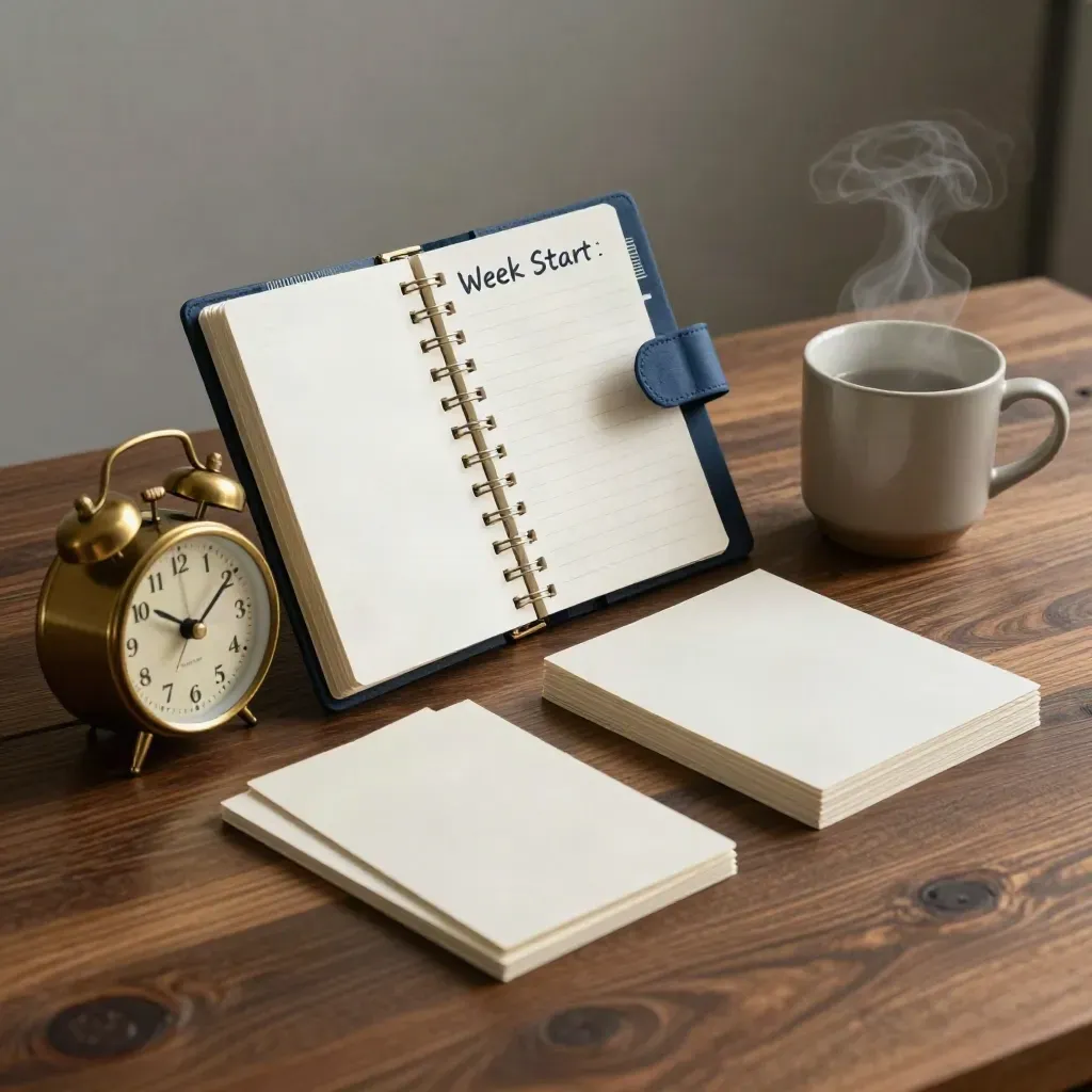Kit de planejamento com agenda espiral, cartões, xícara e relógio sobre madeira escura.