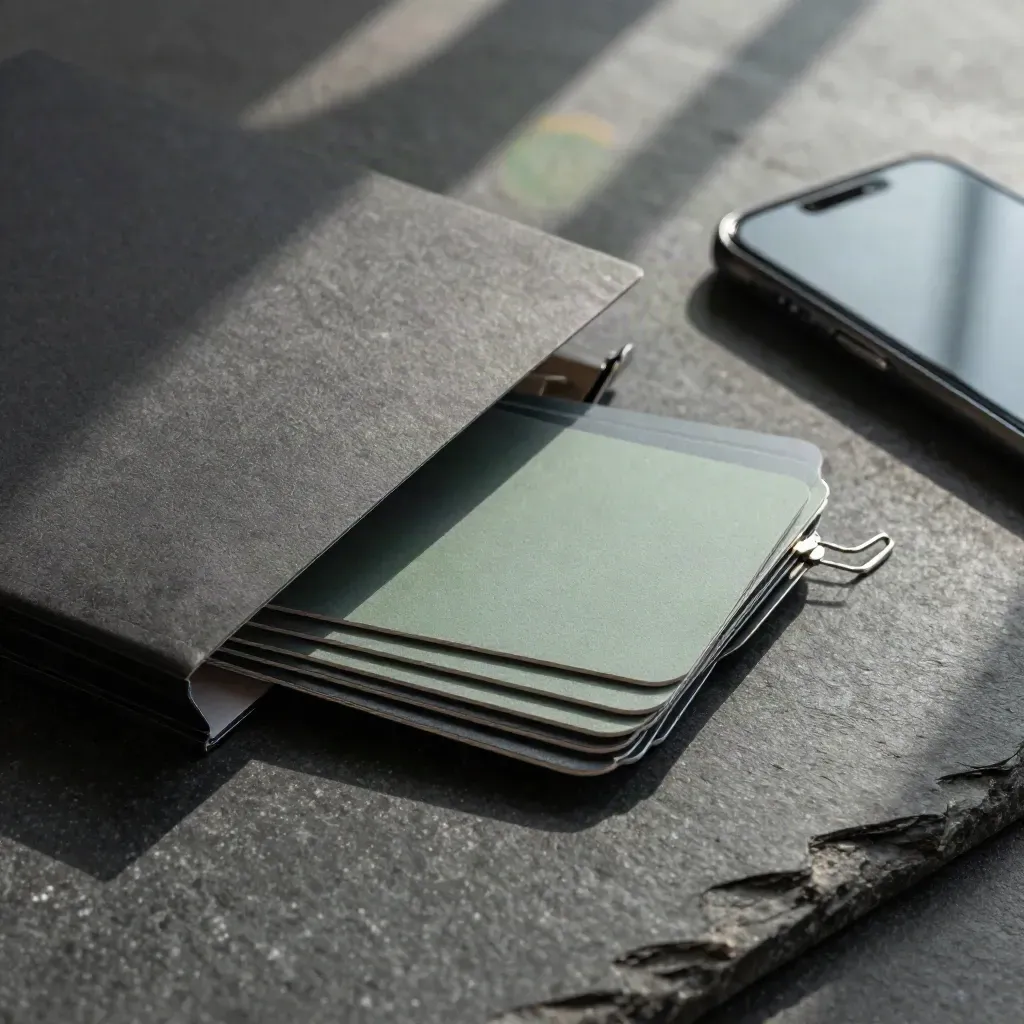 Kit de marketing com cartões e celular sobre pedra escura, luz suave e detalhes verdes.