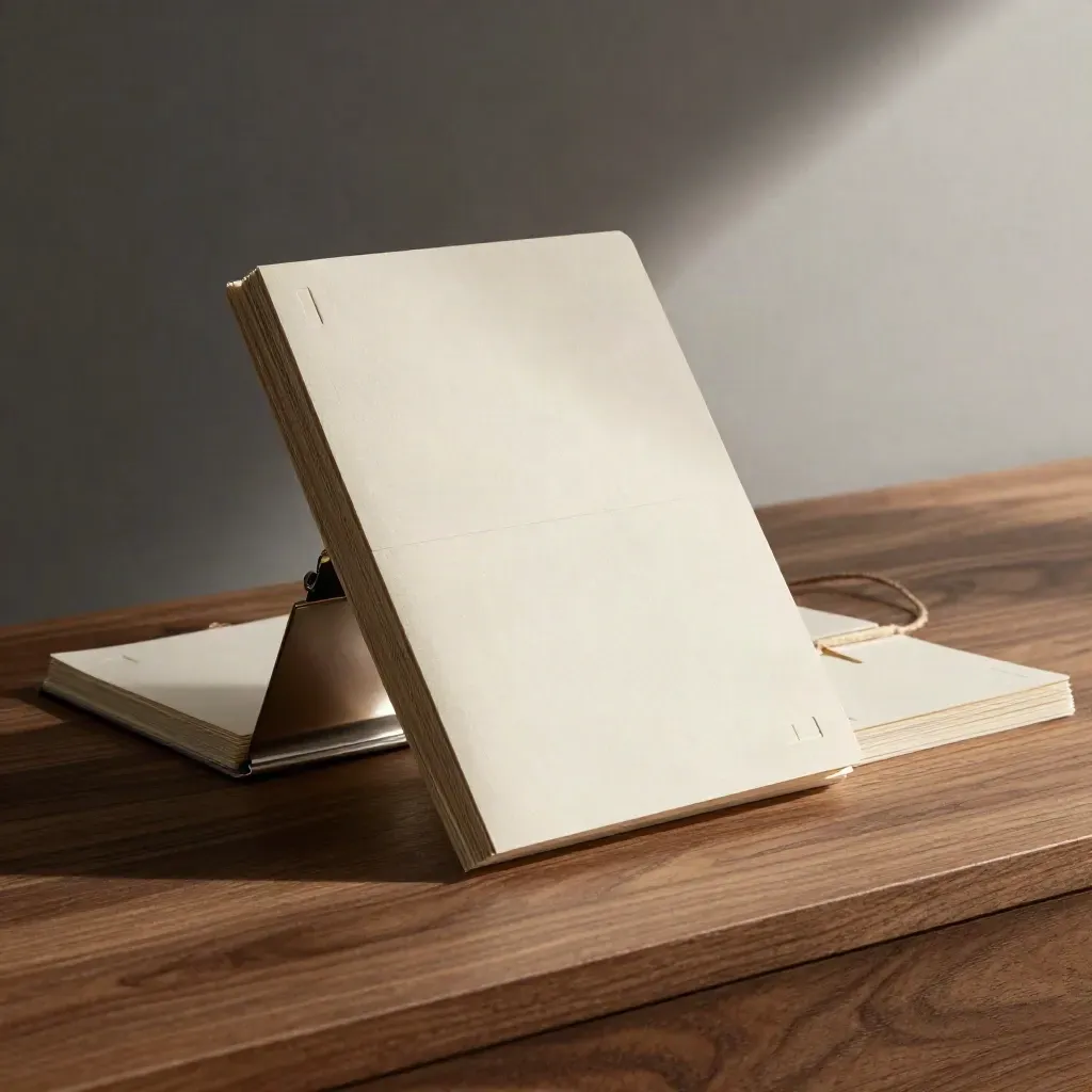 KIT de mentoria para freelancers com folio, cartões e barbante sobre base de madeira.