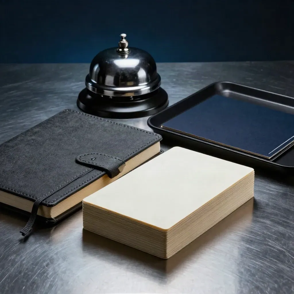 Kit de produtividade com caderno, cartões, sino de mesa e bandeja metálica em luz dramática.