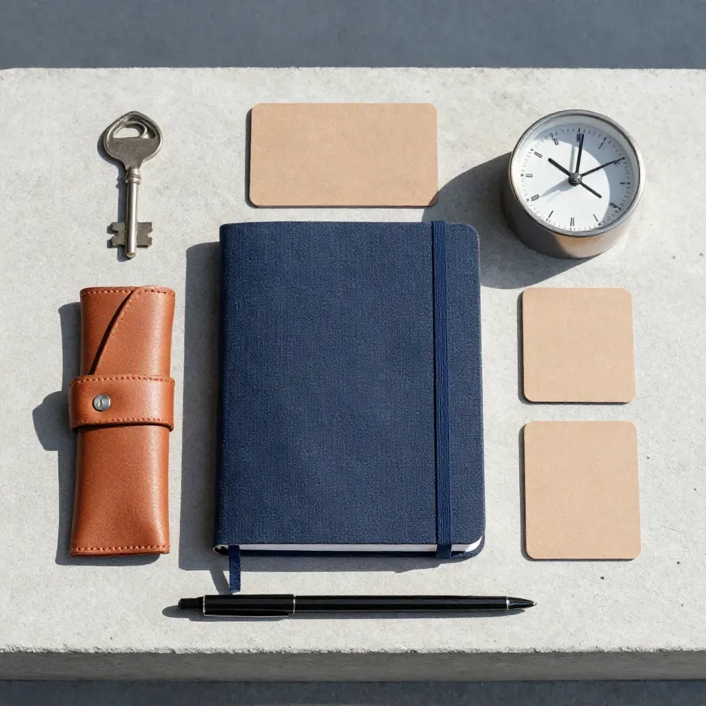 Kit de sessão de foco com notebook, cartões, relógio e estojo sobre concreto claro.