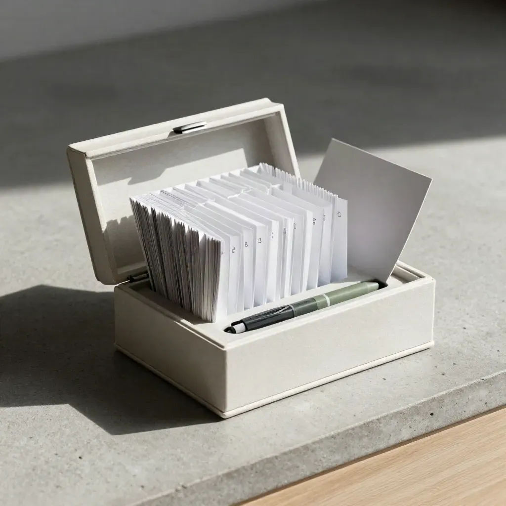 Kit de metas aberto com tabs de calendário e marcadores magnéticos sobre concreto grafite.