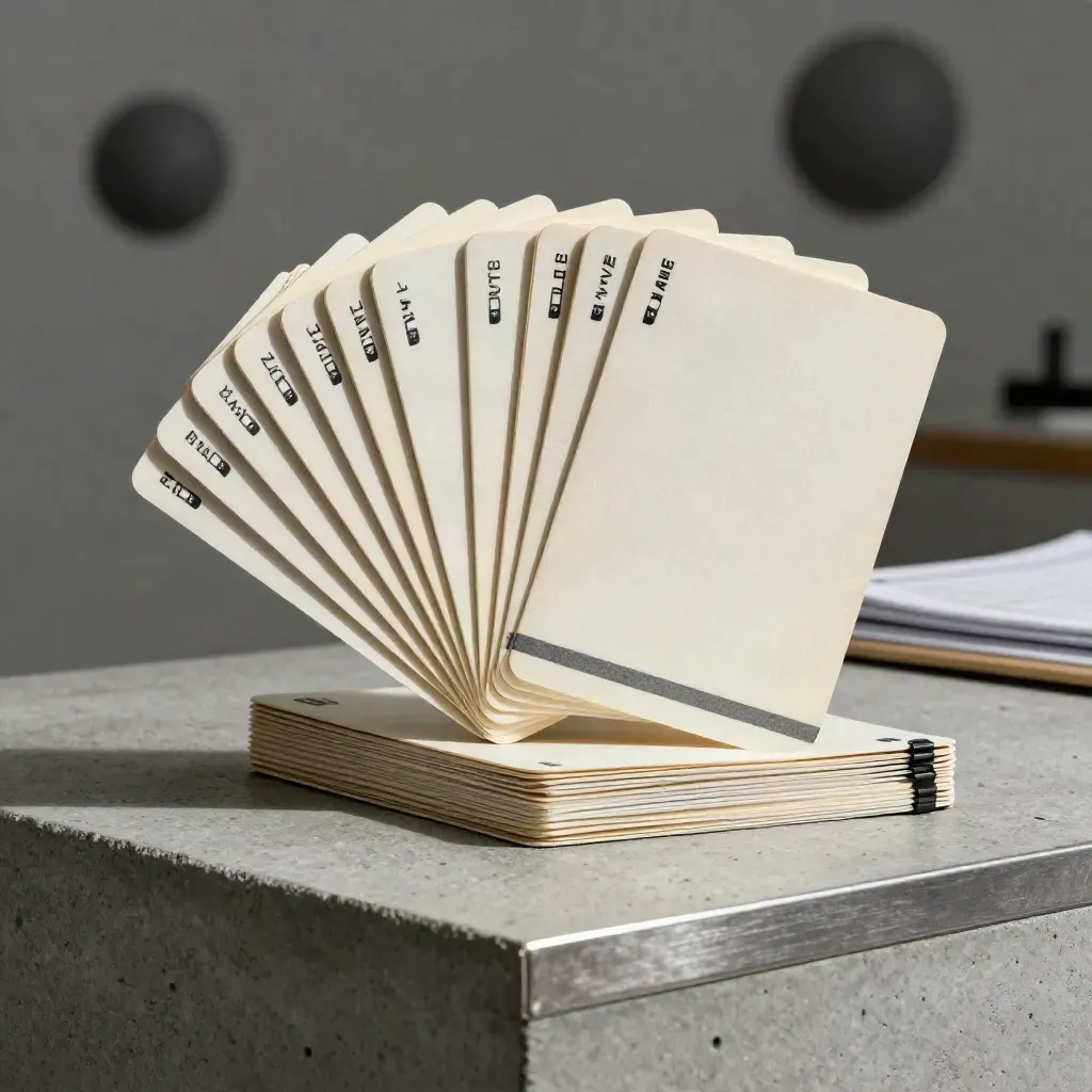 Kit de planejamento de conteúdo sobre pedestal de concreto, com cartões e caderno elegante.