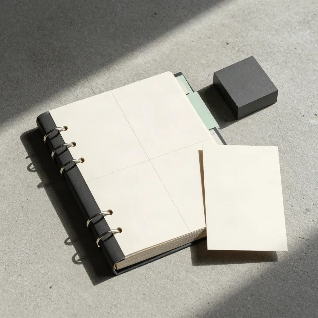 Flatlay de cards modulares, fichário compacto e bloco quadrado sobre concreto com detalhes verdes.