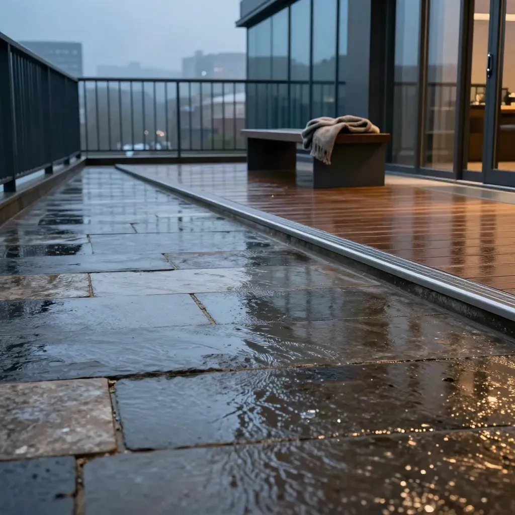 Terraço de pedra molhada ao azul da hora, com cidade borrada e neblina pós-chuva.