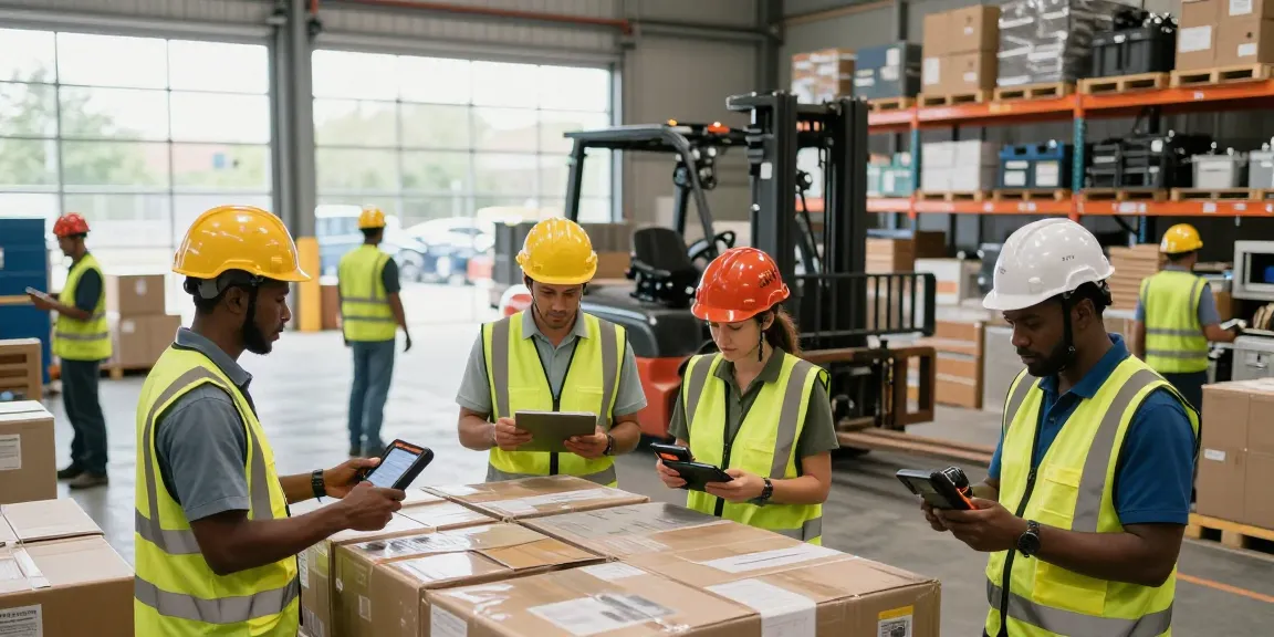 Equipe de mão de obra terceirizada para indústria operando logística em armazém, organizando carga e verificando inventário com segurança.