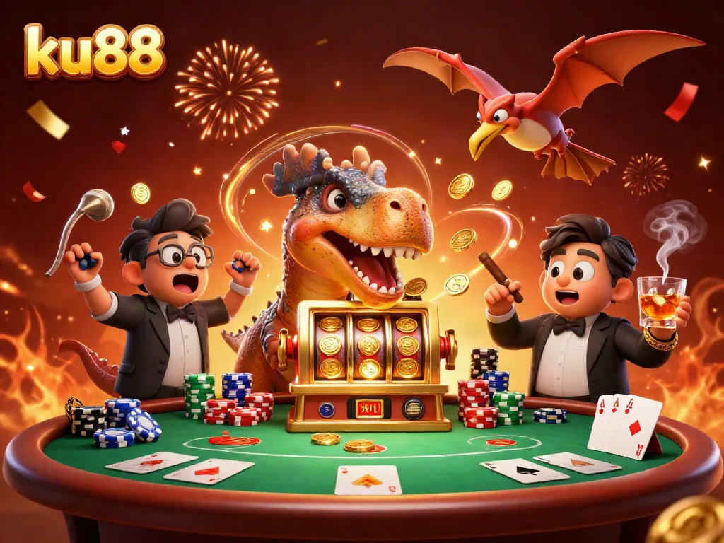 ku88 illustrates a pachycephalosaurus celebrating a jackpot win at a casino.