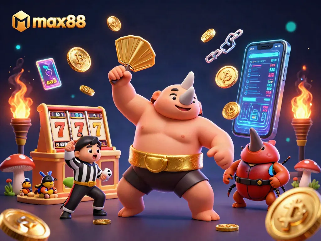 Experience the thrilling strife of max88 with a powerful sumo champion amidst flying coins in a dynamic casino scene.