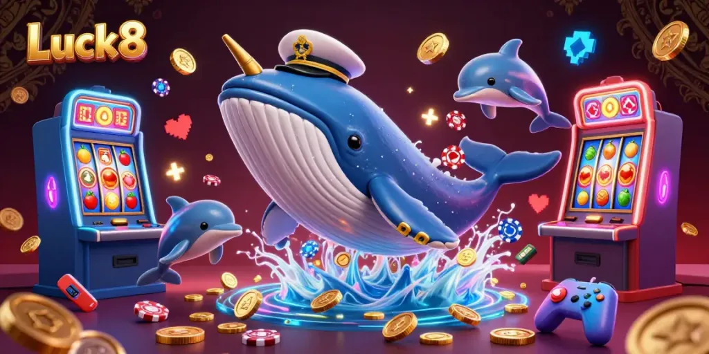 Experience exciting casino interactions with Luck8, featuring a cartoon whale and playful dolphins among vibrant slot machine elements.