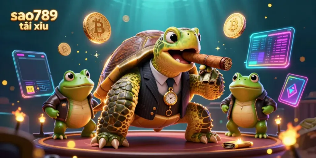 This vibrant illustration showcases sao789 tài xỉu with a massive turtle mobster amidst crypto coins and casino vibes.