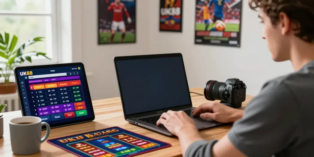 Engaged bettor using the UK88 online betting platform in a cozy home office.