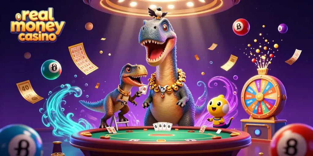 Engage at this vibrant real money casino scene with playful dinosaurs, dynamic lottery games, and rich casino elements.
