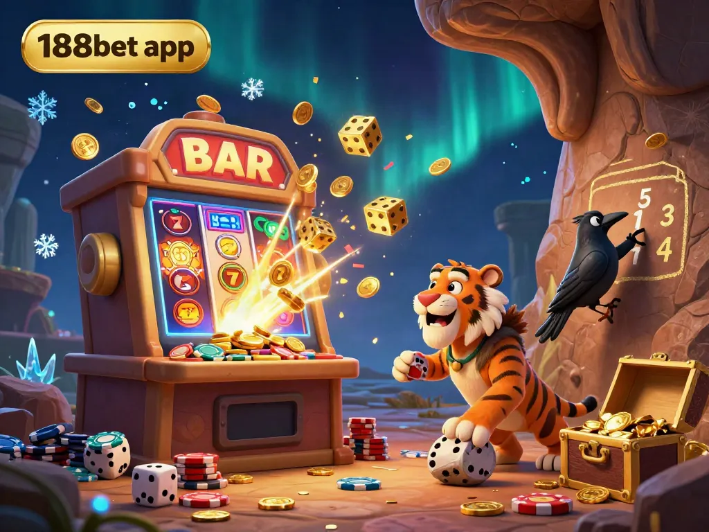 Experience the thrilling 188bet app with a caveman and sabertooth tiger in a bustling casino scene.