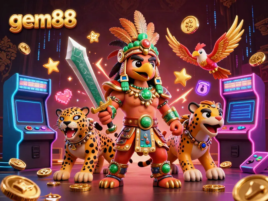Bet on gem88 with vibrant game elements, featuring a warrior and interactive arcade machines.
