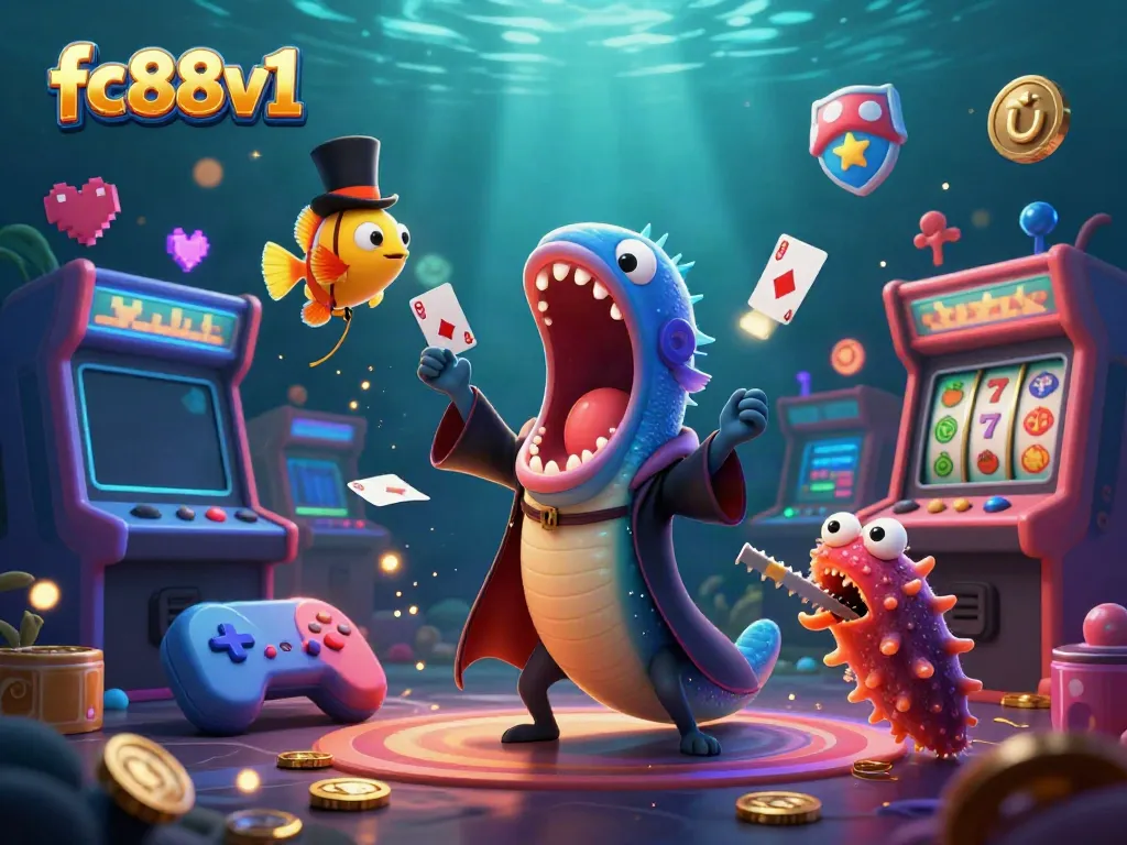 Experience the thrill of fc88v1 with a dazzling underwater casino scene featuring mythical sea creatures performing magic tricks amidst arcade games.