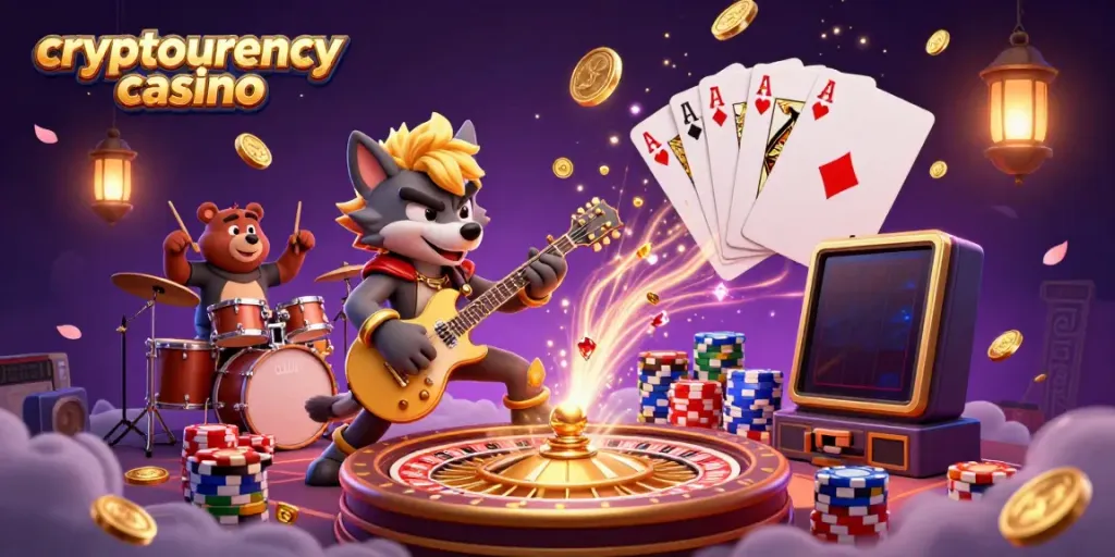 Experience the vibrant action of a cryptocurrency casino with a rock star wolf and drummer bear on stage.