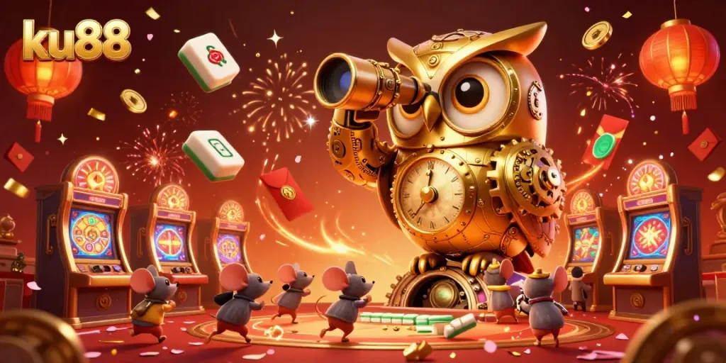 Engage in thrilling casino action at ku88 with a clockwork owl overseeing slot machines and celebrating elements.