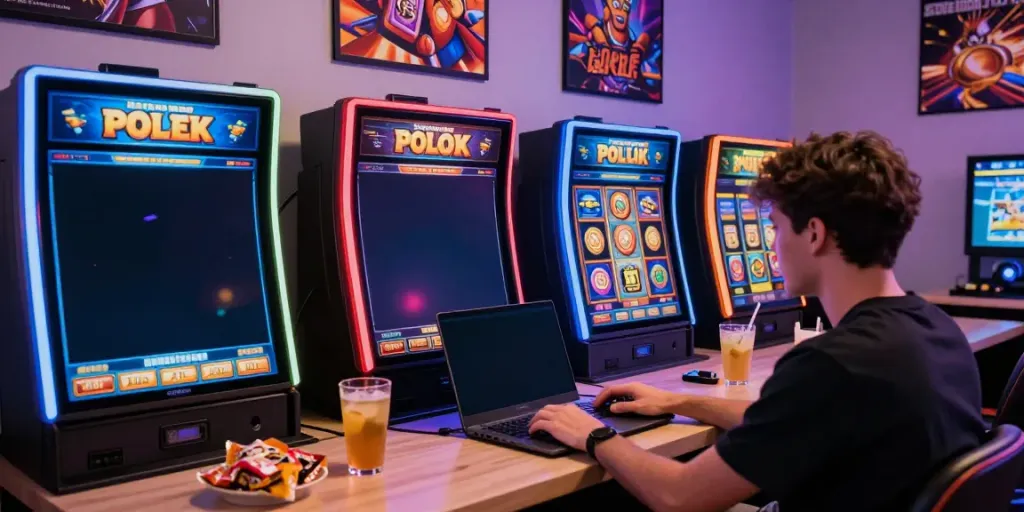Jogador entusiasta de Slot777 em um ambiente de jogo vibrante e divertido.
