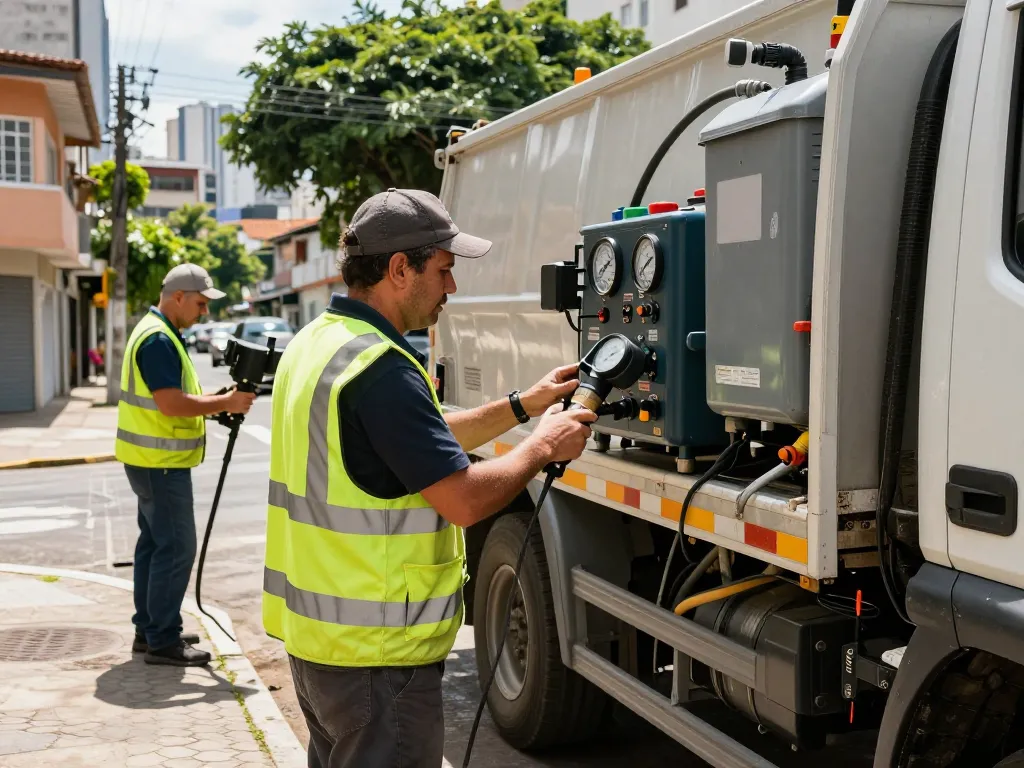 Limpa fossa em São Paulo service technician performing fossa cleaning with advanced equipment in urban neighborhood.