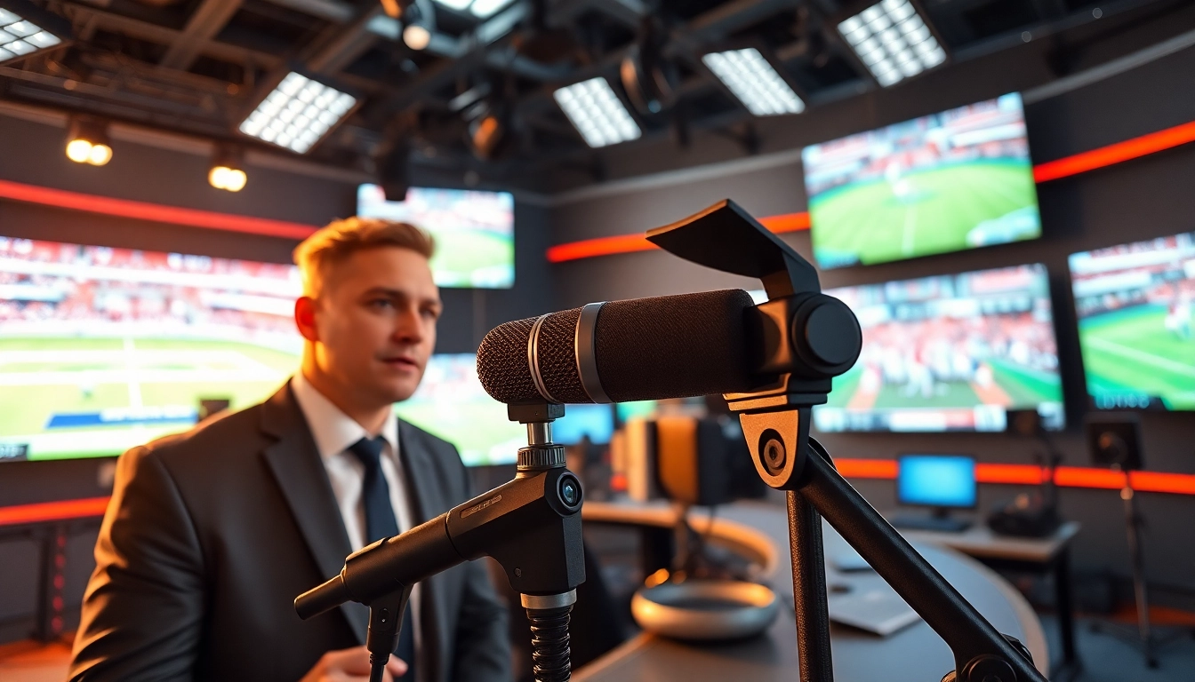 Sports Broadcasting host presenting in a modern studio with vibrant visuals and high-tech gear.