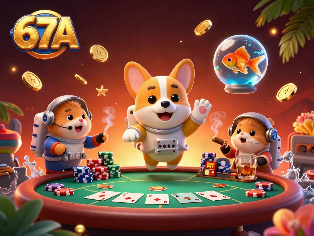 Engage in thrilling casino action with 67A, featuring floating poker chips and unique characters.