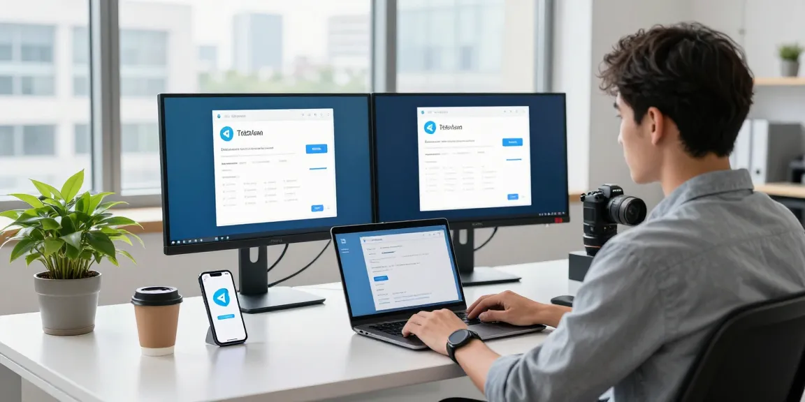 Engaging workspace displaying Telegram download features on monitors, capturing modern tech environment.