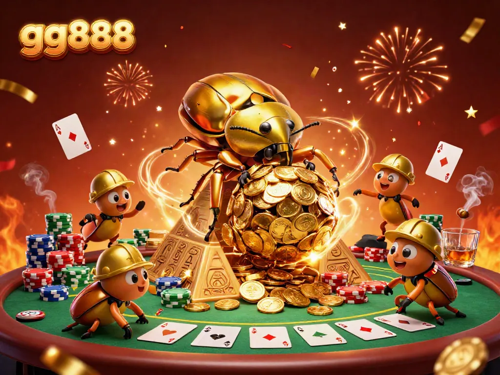 Experience excitement at gg888 with a massive golden dung beetle and poker elements in a vibrant casino scene.