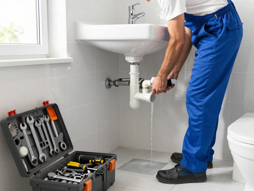 Encanador em São Paulo installing high-quality PVC pipes in a modern bathroom.