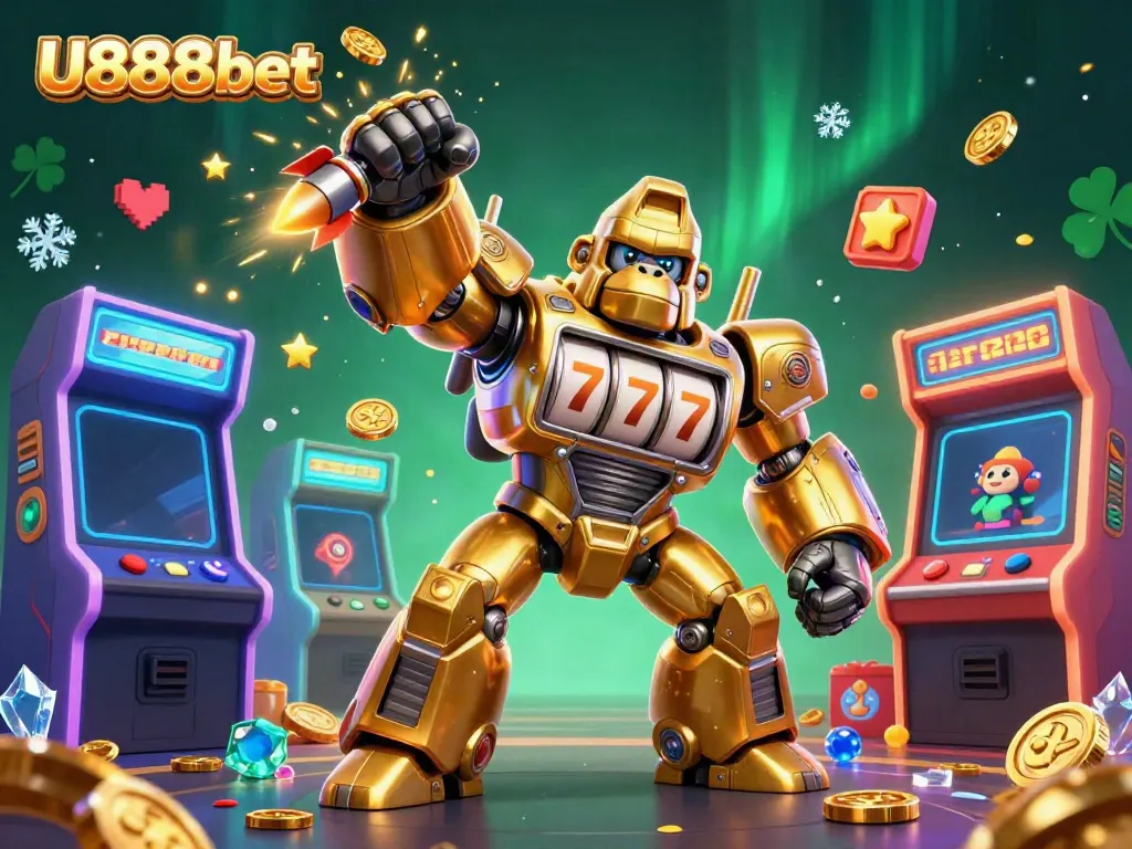 Experience excitement with U888bet's golden gorilla mech smashing through coins in a vibrant casino scene.