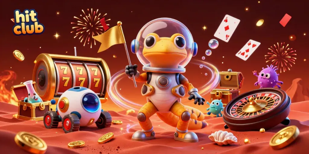 Experience the thrill of hit club with a vibrant 3D casino scene surrounded by festive elements and character interactions.