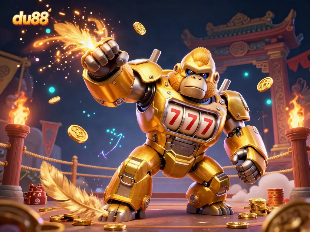 Engage with DU88's gaming excitement in this vibrant illustration featuring a golden gorilla mech surrounded by energy.