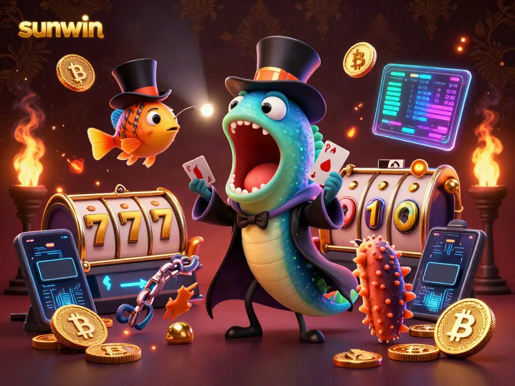 Experience the thrill of sunwin with vibrant casino characters amidst dynamic slot machine symbols.