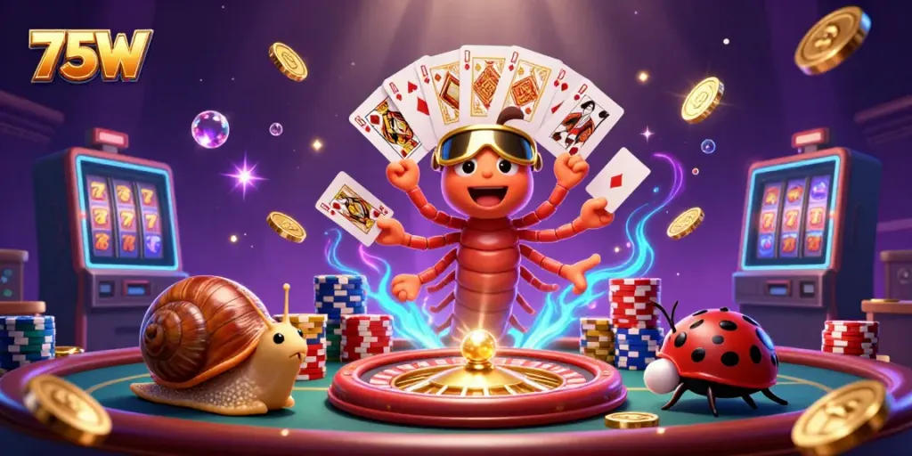 Engage with the 75W casino scene featuring a millipede dealer, snail high-roller, and dynamic gaming elements.