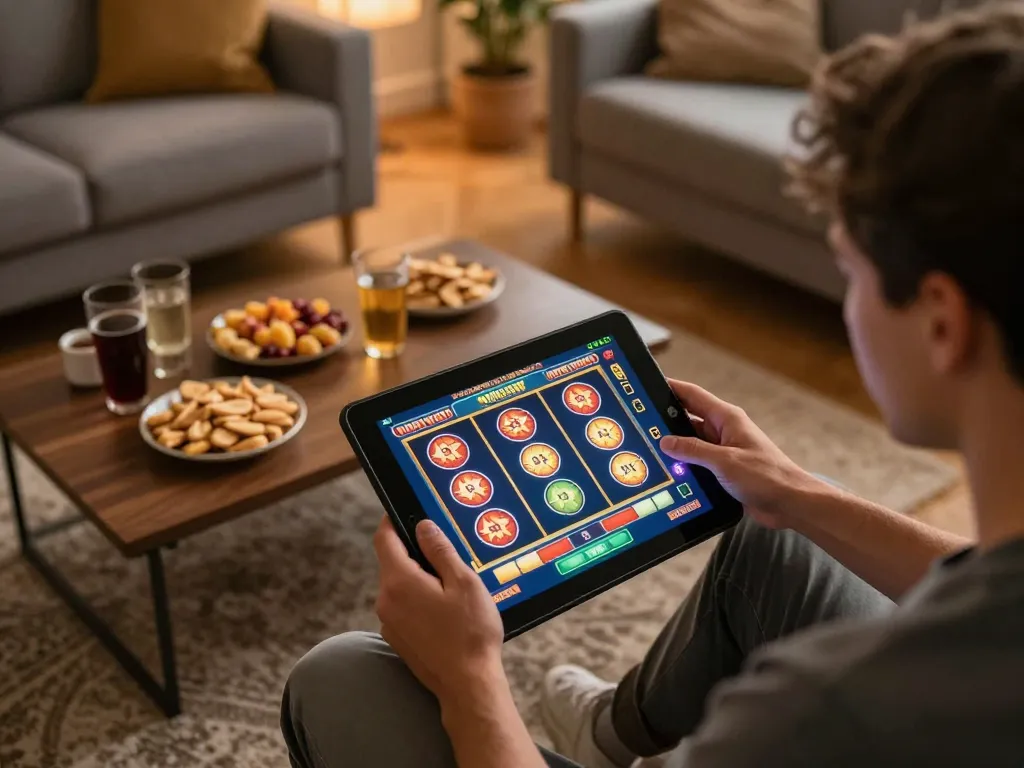 Engaged player using king33 tablet for online slots gaming in a cozy home setting.