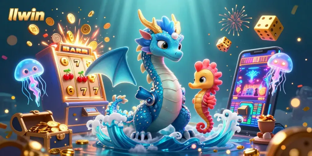 Experience exciting wins with llwin's captivating casino scene featuring enchanting creatures and slot machines.