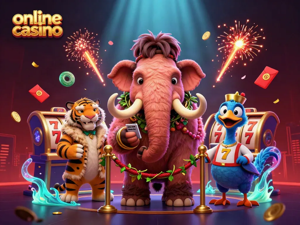 Interactive scene at an online casino featuring a woolly mammoth bouncer, a VIP saber-tooth tiger, and vibrant gaming elements.