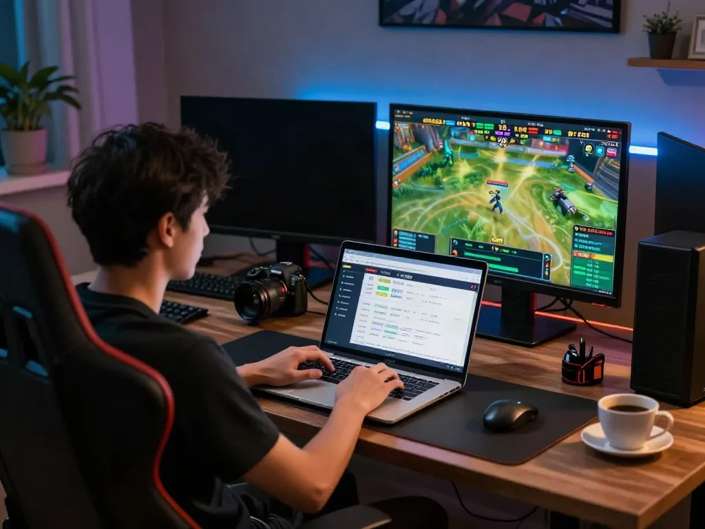 Engaging with https://fc88v1.com/ in a stylish home office, showcasing dynamic online gambling.