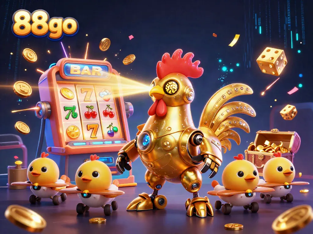 Engage with thrilling 88go casino adventures featuring a golden rooster robot and baby chick drones.